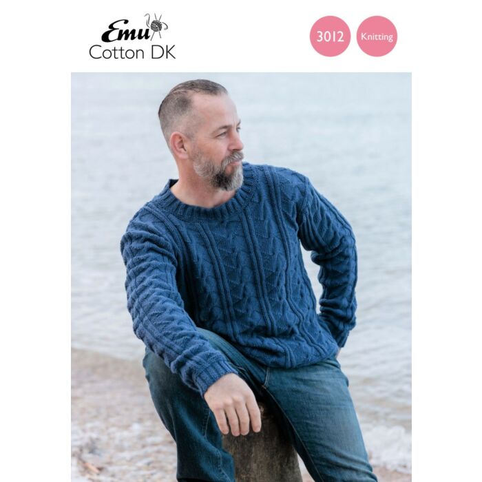 Emu Cotton DK Men's Cotton Cable Sweater 3012 Knitting Pattern PDF To Fit Chest 38 - 44" main product photo