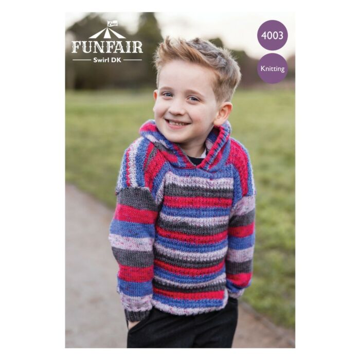 Emu Funfair Swirl DK Child's Hooped Hoodie 4003 Knitting Pattern PDF To Fit Chest 2224 - 3032" main product photo