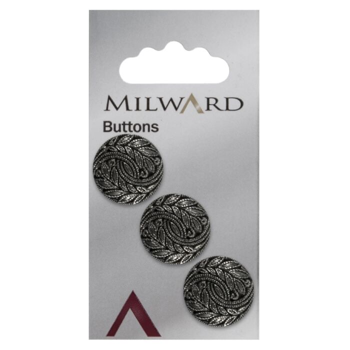 Milward Carded Buttons Round Feather Detail Shank Silver 20mm Pack of 3 main product photo