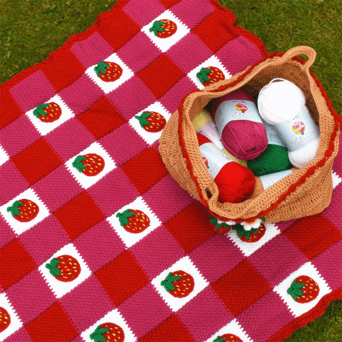 Strawberry Summer Crochet Blanket & Picnic Bag Kit by Zoe Potrac in WoolBox Imagine Classic DK
