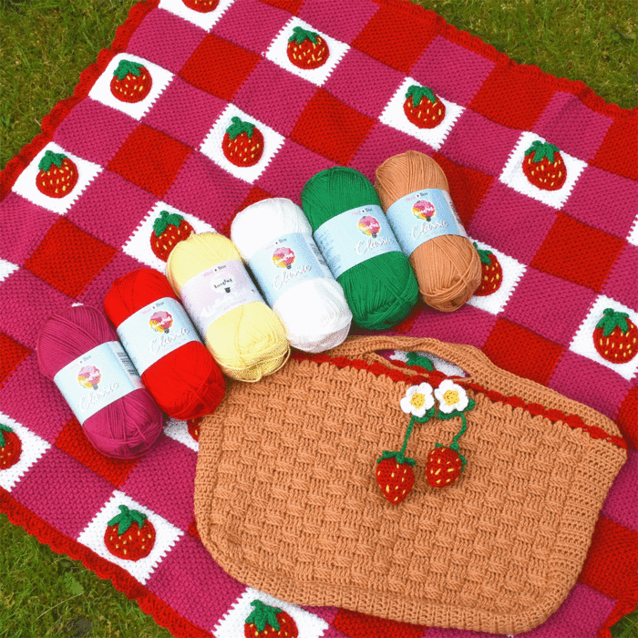 Strawberry Summer Crochet Blanket & Picnic Bag Kit by Zoe Potrac in WoolBox Imagine Classic DK
