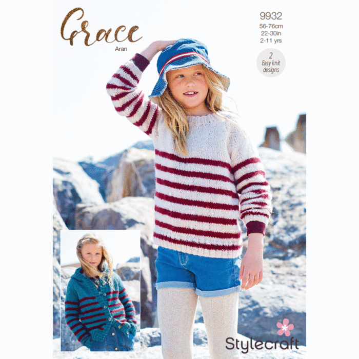 Stylecraft Grace Aran Girls Sweaters & Hoodie 9932 Knitting Pattern Download main product photo