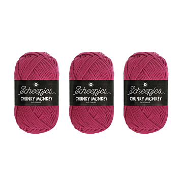 Scheepjes Chunky Monkey Aran Yarn Value Pack - 3 x 100g Balls 1827 Deep Fuchsia 
